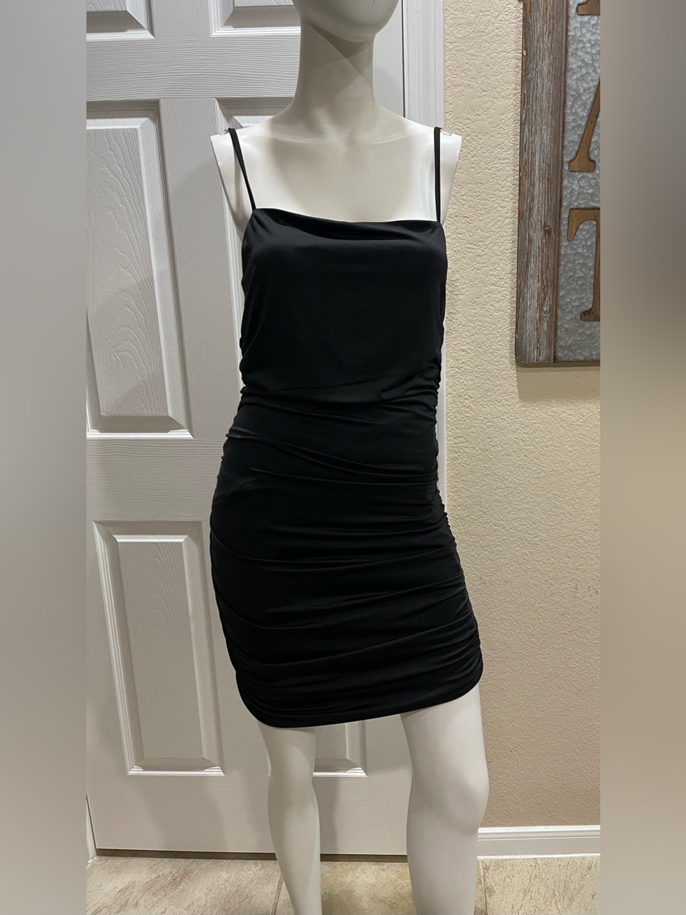 REVAMPED Black Ruched Bodycon Spaghetti Strap Mini Dress Size Medium